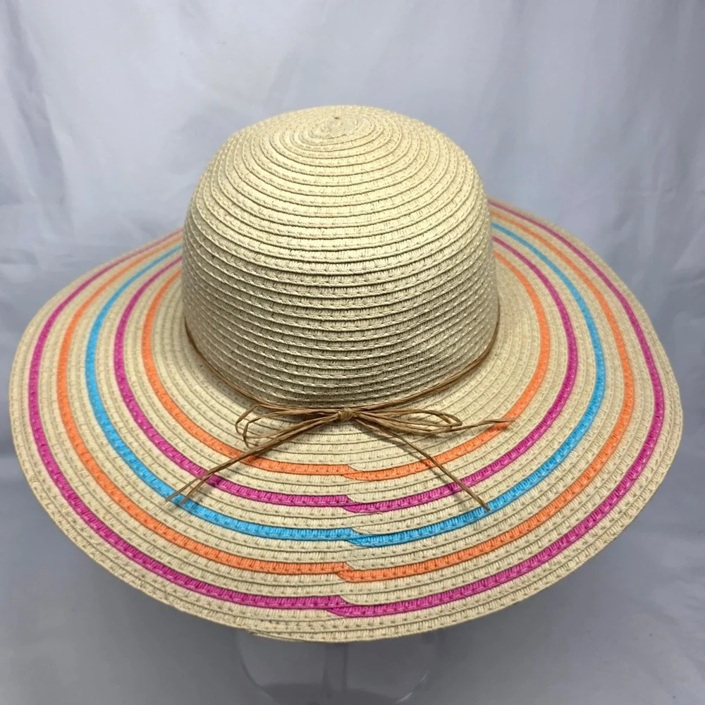 Target Straw Sun Hat Kids OS Tan Rainbow Stripe Fruit Bead Floppy Beach Boho